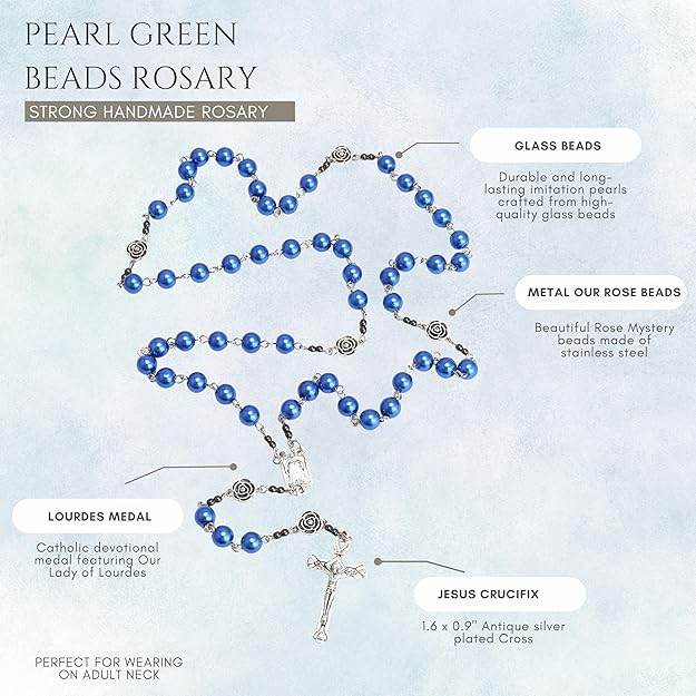Blue Pearl Beads Rosary Metal Mystery Roses with Hematite Stone Rosary Necklace - Nazareth Store