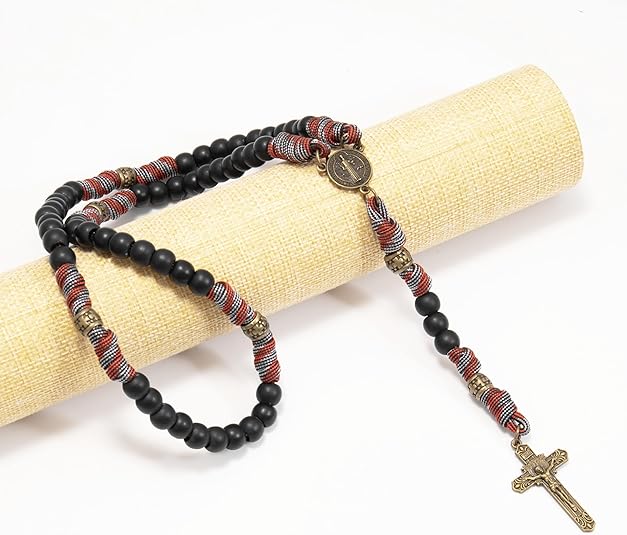 Black Matte Beads Rugged Paracord Rosary St. Benedict INRI Cross Strong Corded Necklace Nazareth Store