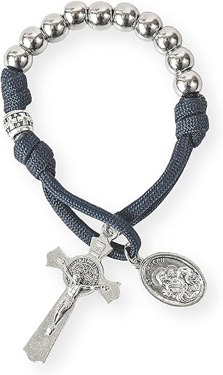 Silver Beads Blue Paracord Pocket Car Rosary St. Joseph Medal & St. Benedict Cross Nazareth Store