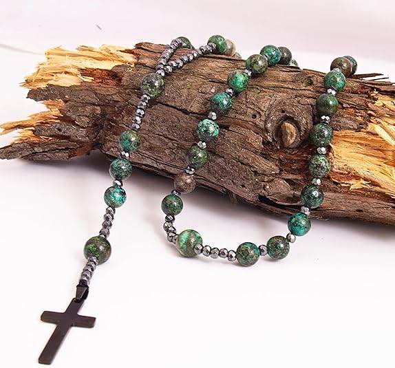 Hematite Stone Beaded Rosary Necklace with Black Metal Cross - Nazareth Store