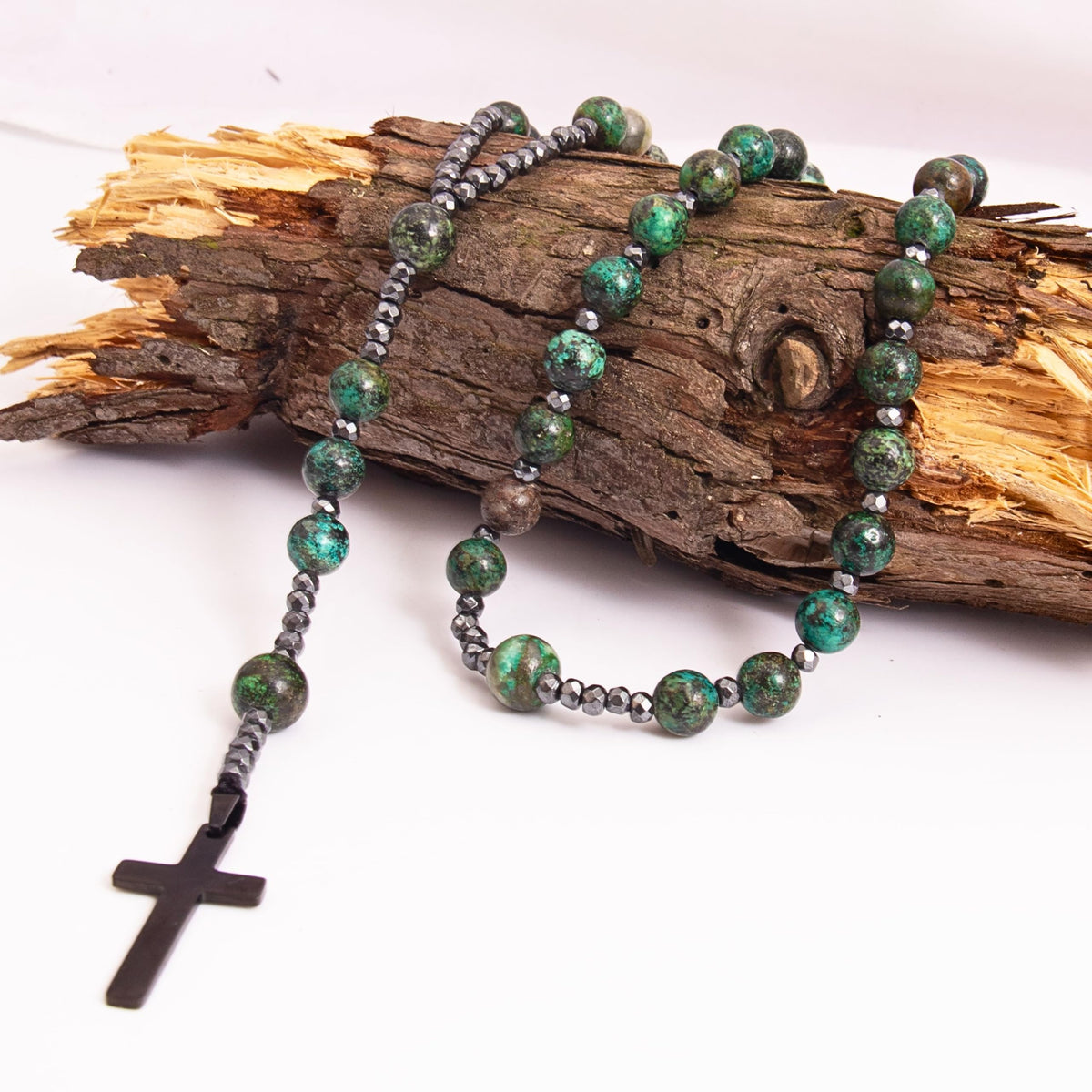 African Jasper Catholic Rosary Necklace with Hematite Beads & Black Cross