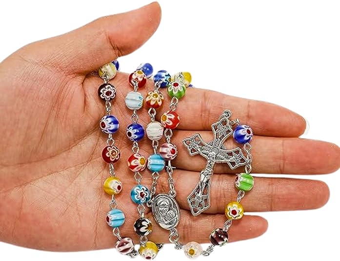 Colorful Murano Glass Rosary Necklace with Holy Soil Medal and Cross Nazareth Store