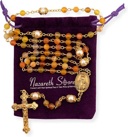 Yellow Matte Stone Rosary Necklace with Pearl Beads Miraculous Medal & Cross