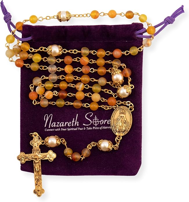 Yellow Matte Stone Rosary Necklace with Pearl Beads Miraculous Medal & Cross
