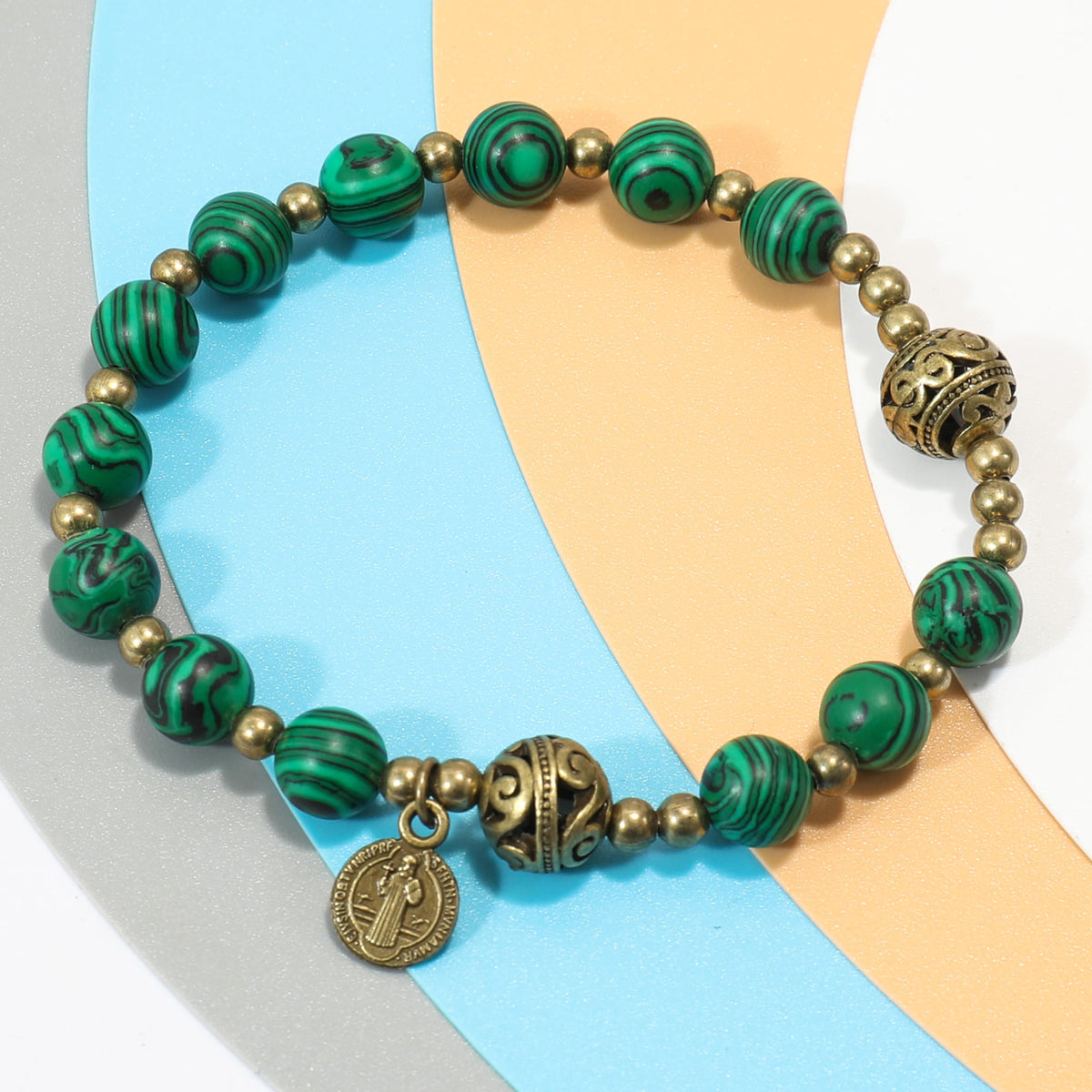 St. Benedict Malachite Stone Beads Rosary Bracelet with Metal Separators and Catholic Medal - Nazareth Store
