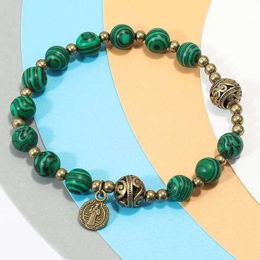 St. Benedict Malachite Stone Beads Rosary Bracelet with Metal Separators and Catholic Medal - Nazareth Store