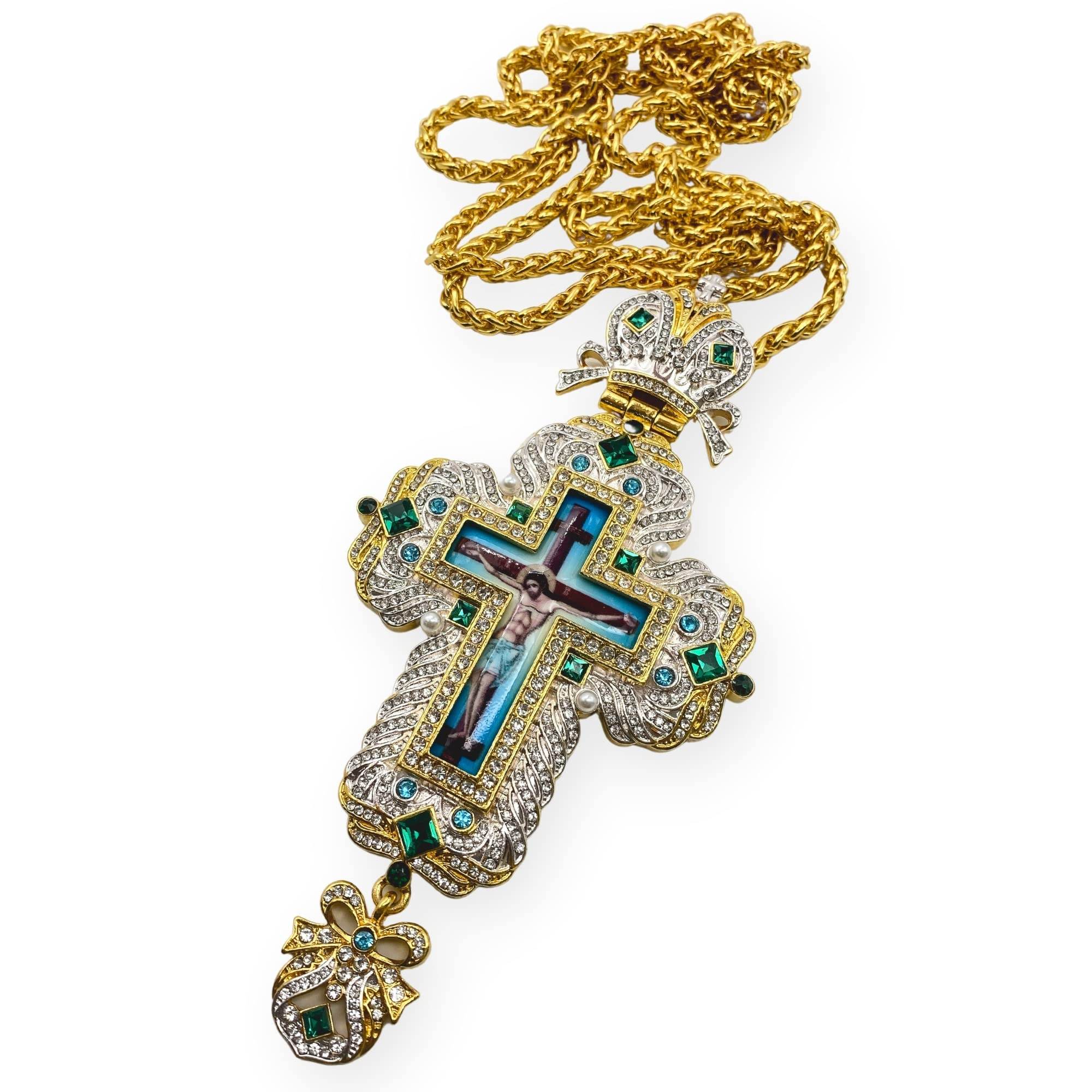Gold Pectoral Cross Pendant Jesus Priest Bishop Crystallized Beads Clergy Necklace - Nazareth Store