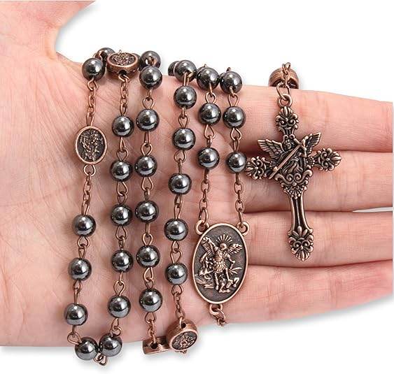 Hematite Rosary Necklace with Copper Archangel Medal & St. Michael Cross - Nazareth Store