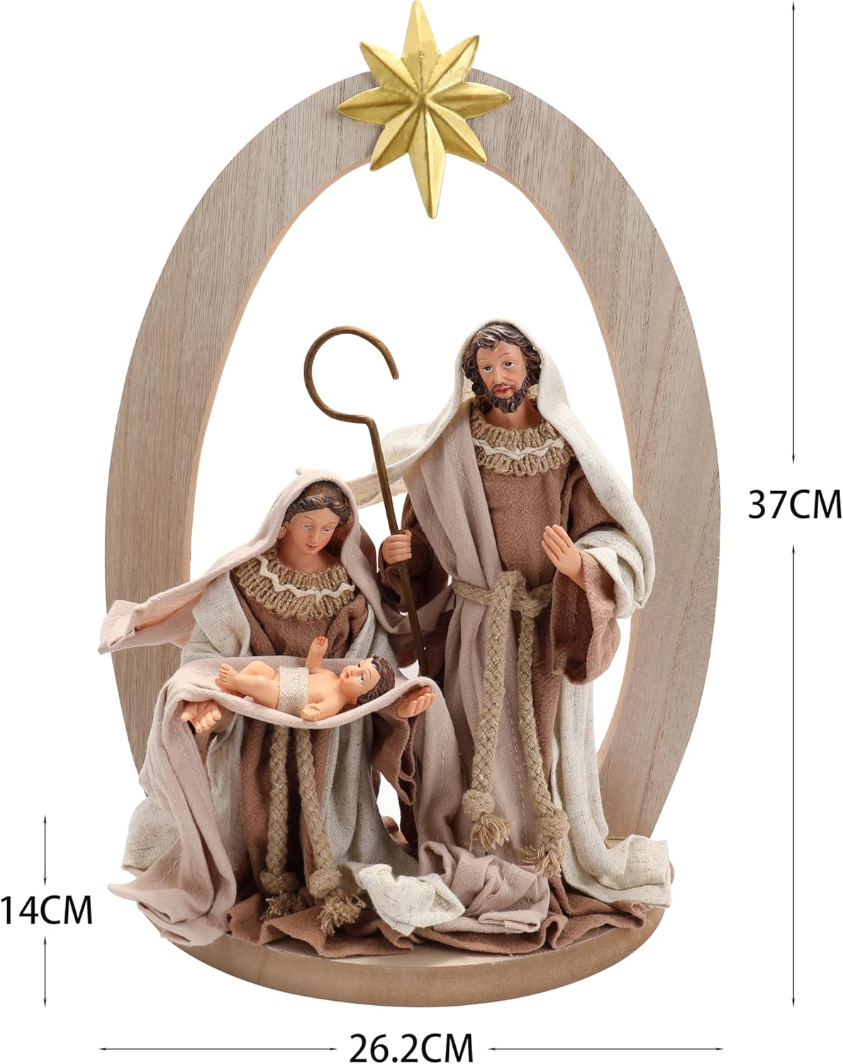 Pine Wood Nativity Set Holy Family in Cotton Fabric Clothes Resin Figurine Collection Christmas Holiday Decor Scene ((14.5 x 10 Inches)) Nazareth Store