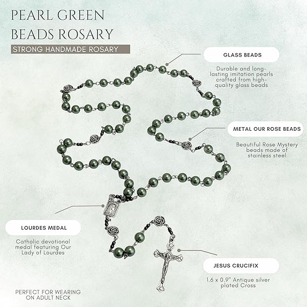 Green Pearl Beads Rosary Metal Mystery Roses with Hematite stones Necklace Nazareth Store