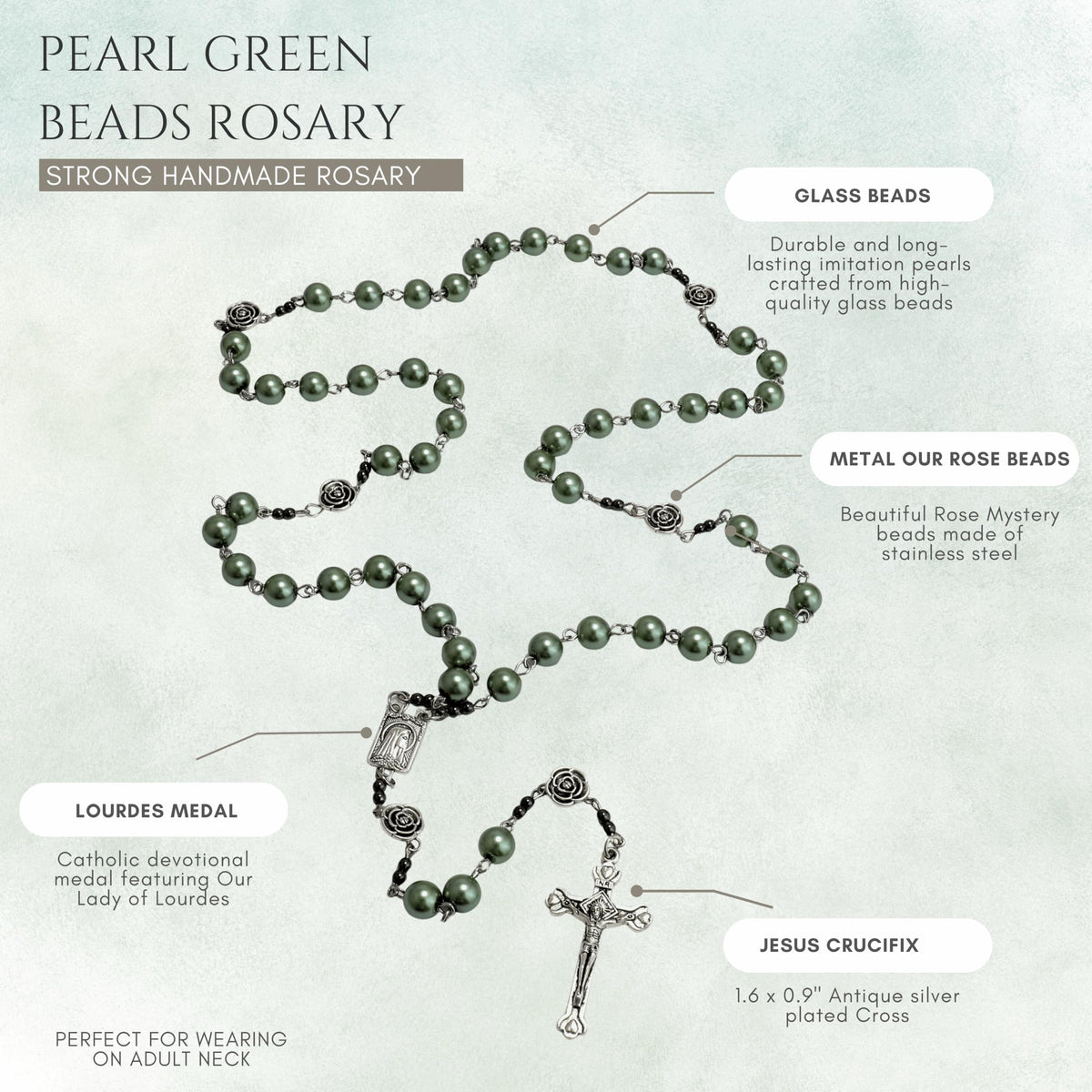 Green Pearl Beads Rosary Metal Mystery Roses with Hematite Stone Necklace - Nazareth Store