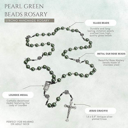 Green Pearl Beads Rosary Metal Mystery Roses with Hematite Stone Necklace - Nazareth Store