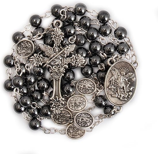 Hematite Rosary Necklace with Silver Archangel Medal & St. Michael Cross Nazareth Store