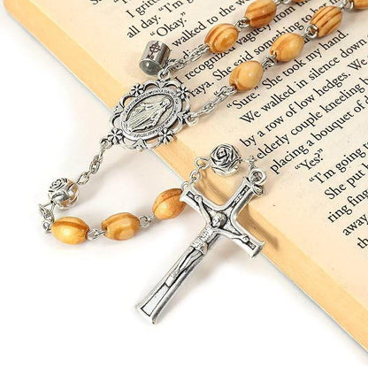 Our Father Prayer Olive Wood Rosary Beaded Necklace with Miraculous Centerpiece and Jesus Crucifix - Nazareth Store