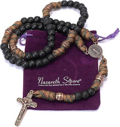 Black Matte Beads Rugged Paracord Rosary St. Benedict INRI Cross Strong Corded Necklace - Nazareth Store