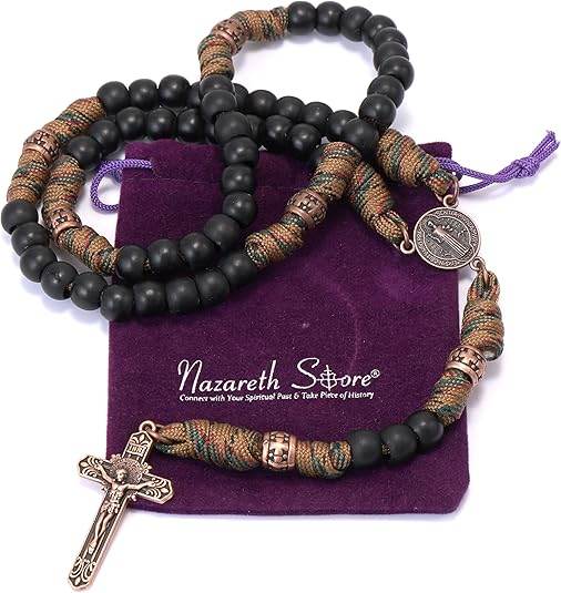 Black Matte Beads Rugged Paracord Rosary St. Benedict INRI Cross Strong Corded Necklace - Nazareth Store