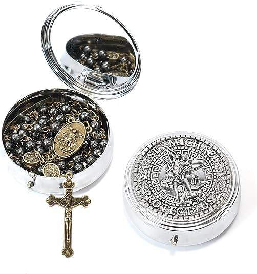 Black Hematite Stone Beads Rosary St. Michael Necklace with Metal Box - Nazareth Store