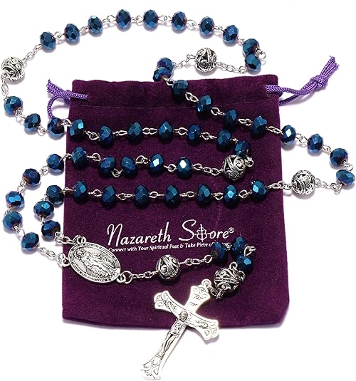 Deep Blue Crystal Beads Rosary Necklace with 10mm Alloy Mystery Prayer Beads Miraculous Medal and Jesus Cross Nazareth Store