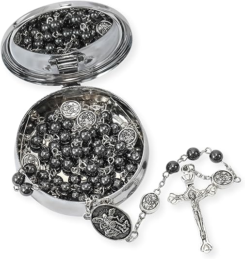 Black Hematite Silver St. Michael Stone Beads Rosary Necklace with Metal Box Nazareth Store