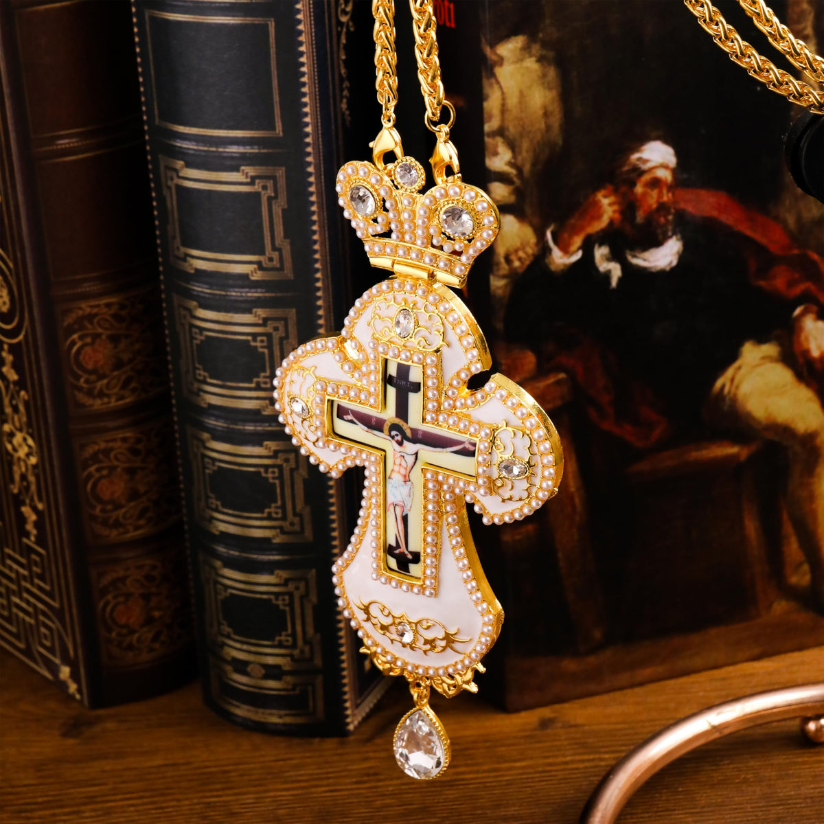 White Pearl Cross Pendant Gold Plated Crystal Crucifix Necklace