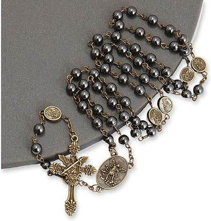 Hematite Rosary Necklace with Bronze Archangel Medal & St. Michael Cross - Nazareth Store