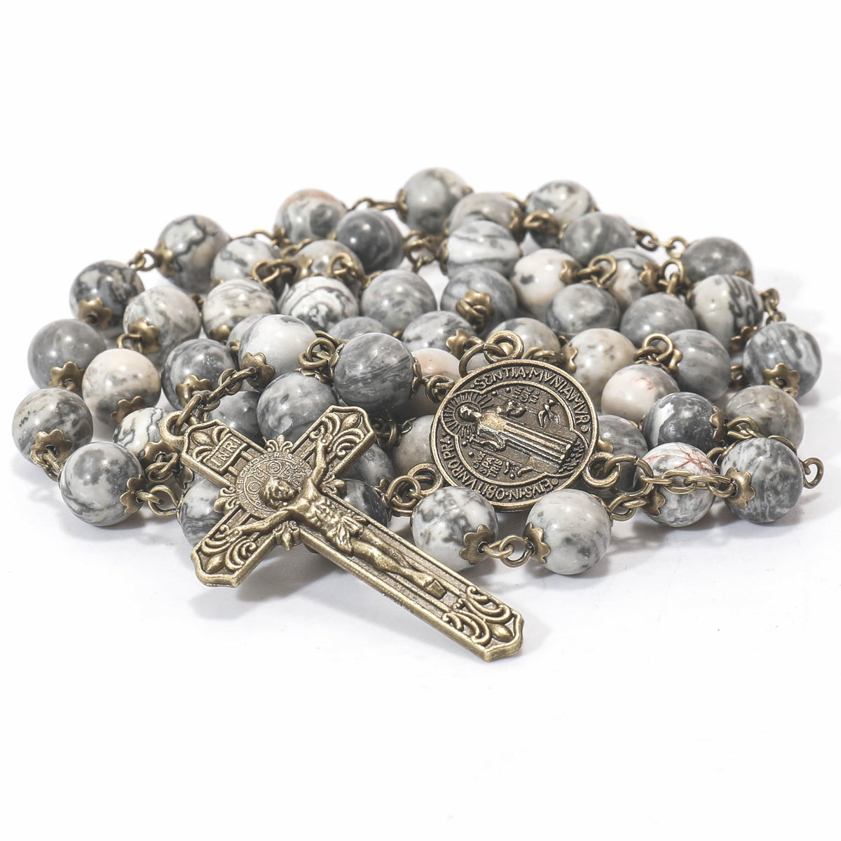 St. Benedict Map Stone Antique Bronze Rosary Necklace Cross and Medal - Nazareth Store