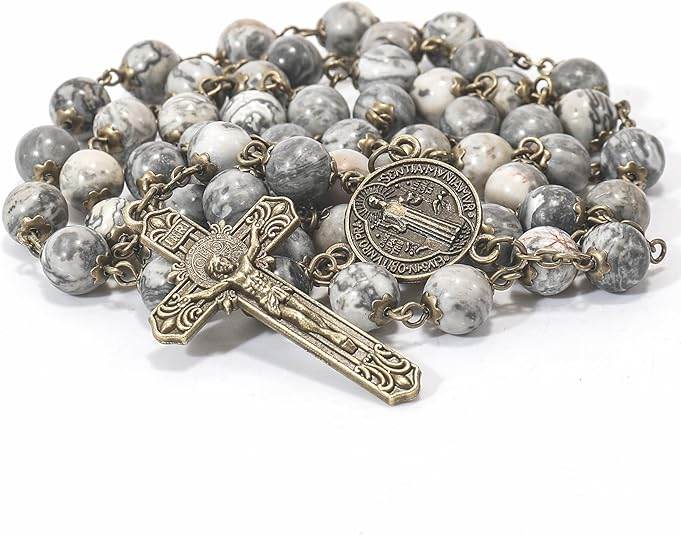 St. Benedict Map Stone Antique Bronze Rosary Necklace Cross and Medal - Nazareth Store