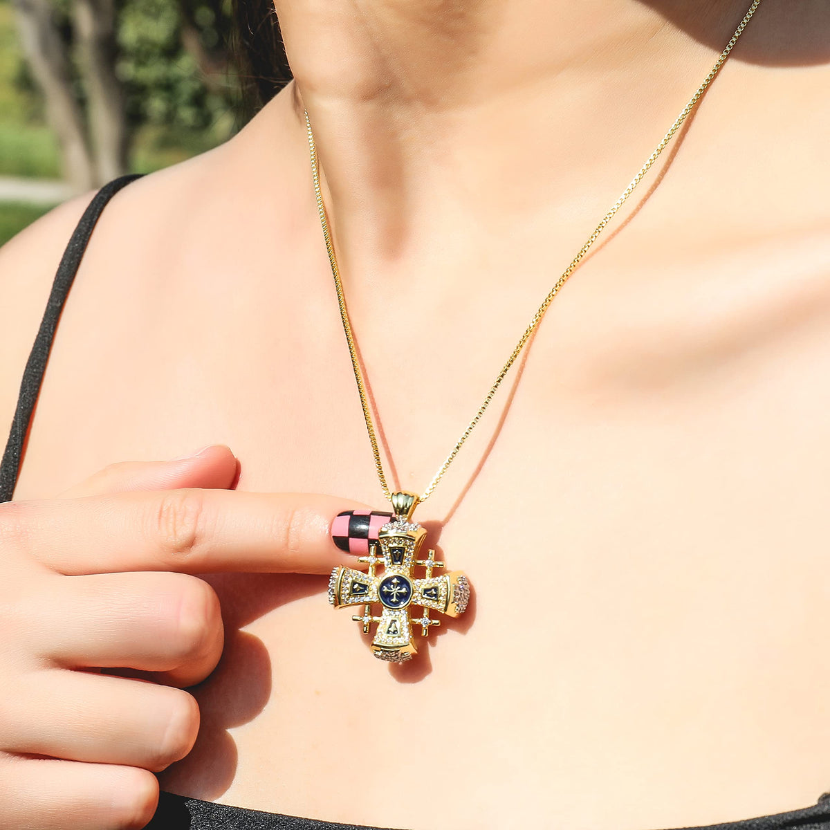 Blue Enamel Jerusalem Cross Pendant Necklace 18k Gold Plating Crystallized Stones - Nazareth Store