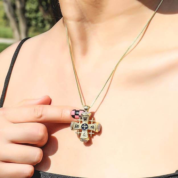 Blue Enamel Jerusalem Cross Pendant Necklace 18k Gold Plating Crystallized Stones - Nazareth Store