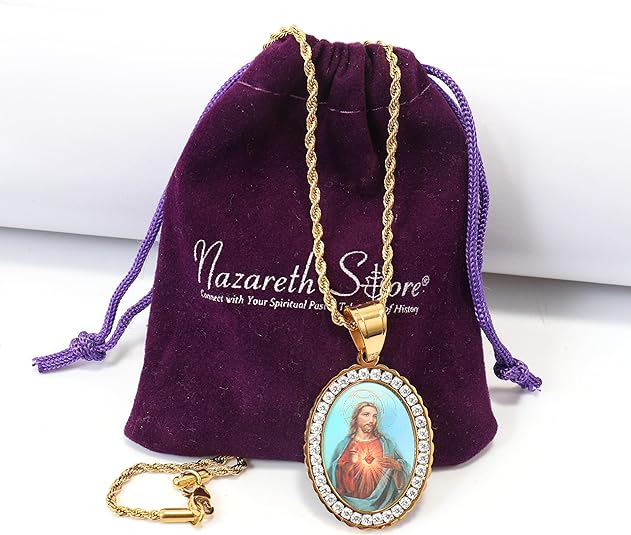 18k Gold Plated Zircon Oval Jesus Immaculate Heart 3D Stainless Steel Necklace Nazareth Store