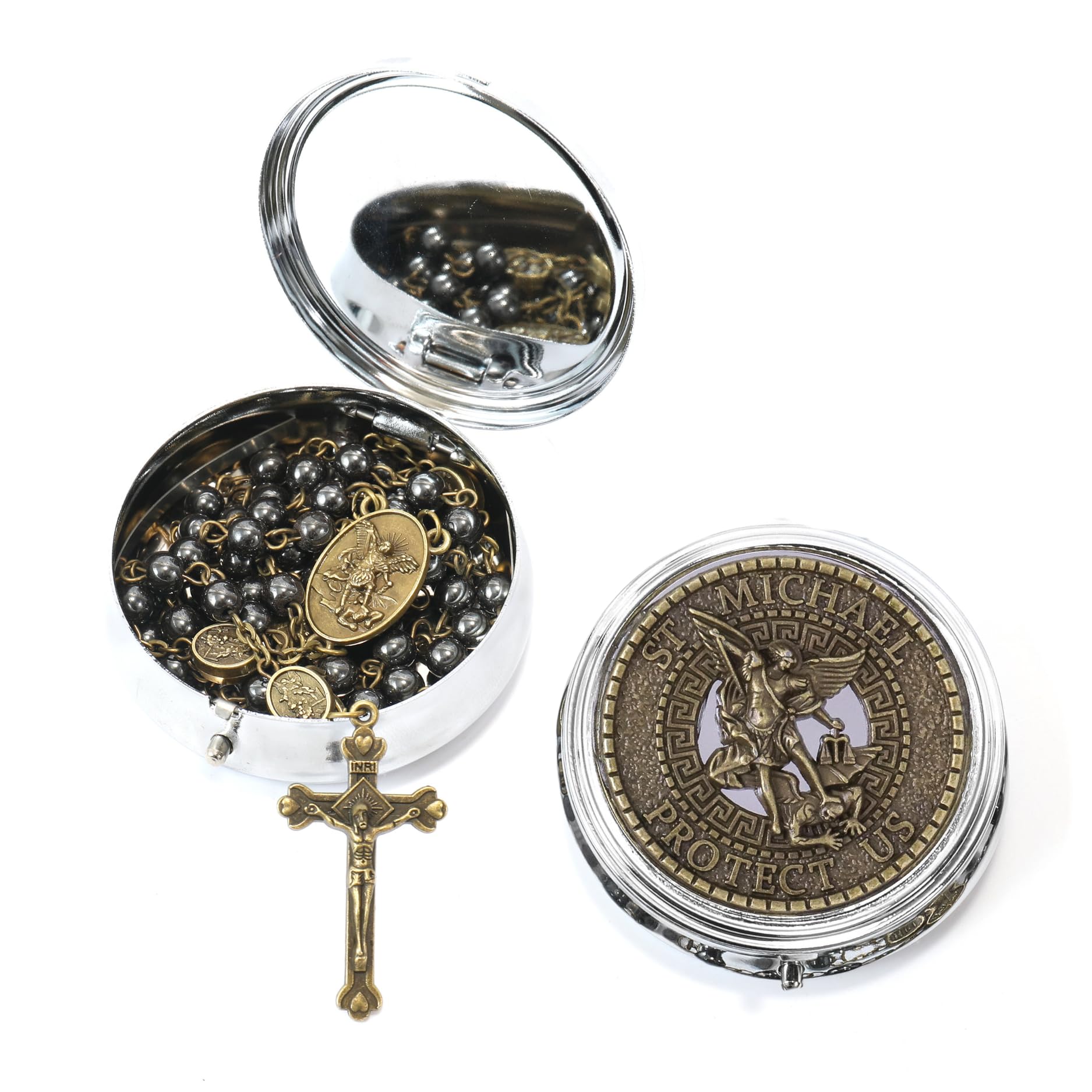 St Michael Hematite Rosary Necklace Bronze Metal Box