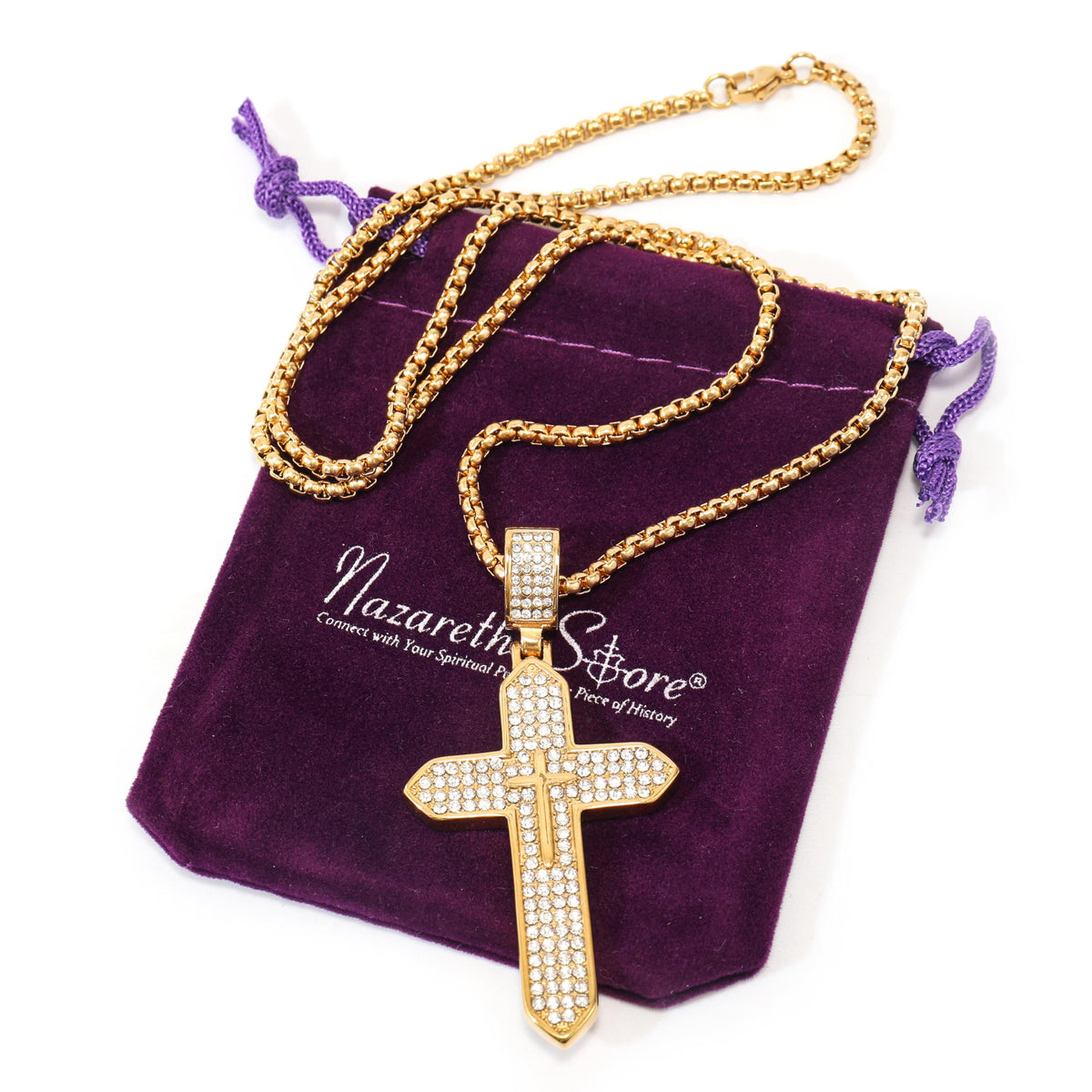 Stainless Steel 18K Gold Plated Cross Necklace Cubic Zirconia Crucifix Chain - Nazareth Store