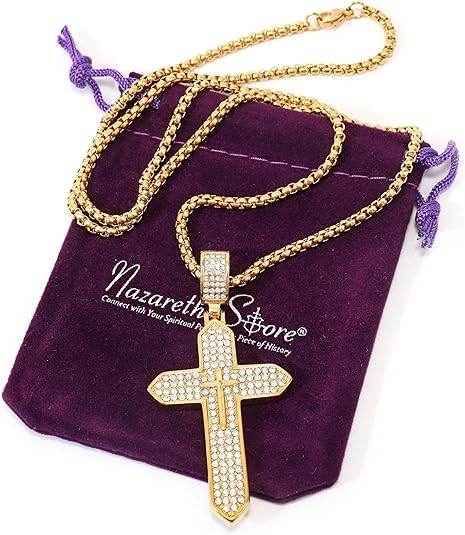 Stainless Steel 18K Gold Plated Cross Necklace Cubic Zirconia Crucifix Chain - Nazareth Store