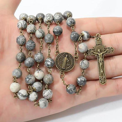 St. Benedict Map Stone Antique Bronze Rosary Necklace Cross and Medal - Nazareth Store