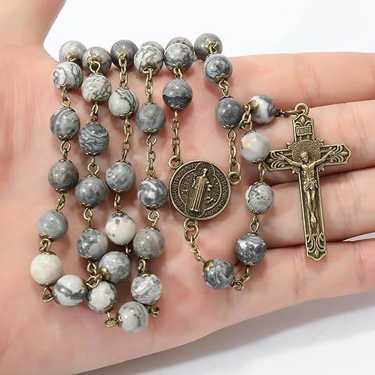 St. Benedict Map Stone Antique Bronze Rosary Necklace Cross and Medal - Nazareth Store