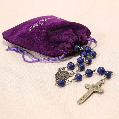 Lapis Lazuli Stone Beads Rosary Antique Bronze Necklace St. Benedict Cross and Medal - Nazareth Store