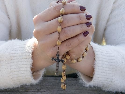 Olive Wood Beads Rosary Necklace Catholic Holy Mary Medal Bronze Cross Nazareth Store