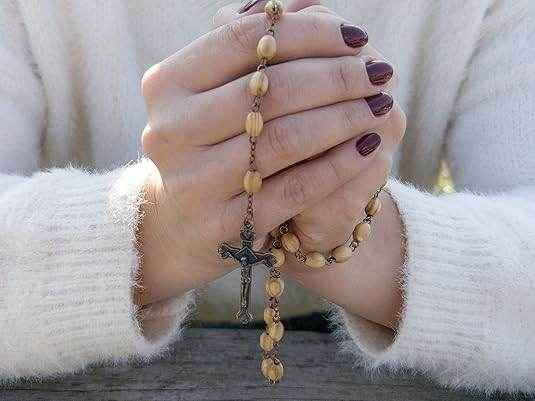Olive Wood Beads Rosary Necklace Catholic Holy Mary Medal Bronze Cross