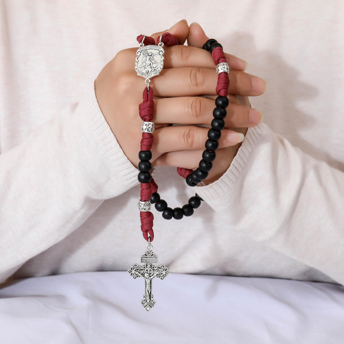 St.Michael Black Beads Red Paracord Rosary Rugged Beaded Pardon Cross - Nazareth Store