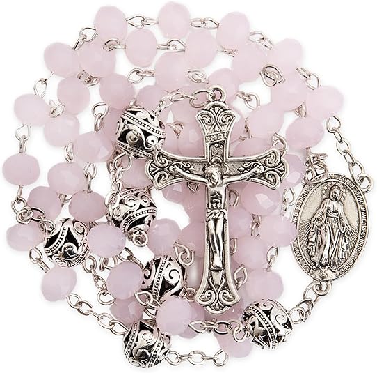 Pink Jade Crystal Beads Rosary Necklace St. Miraculous Medal & Cross Nazareth Store