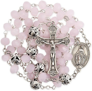 Pink Jade Crystal Beads Rosary Necklace St. Miraculous Medal & Cross Nazareth Store