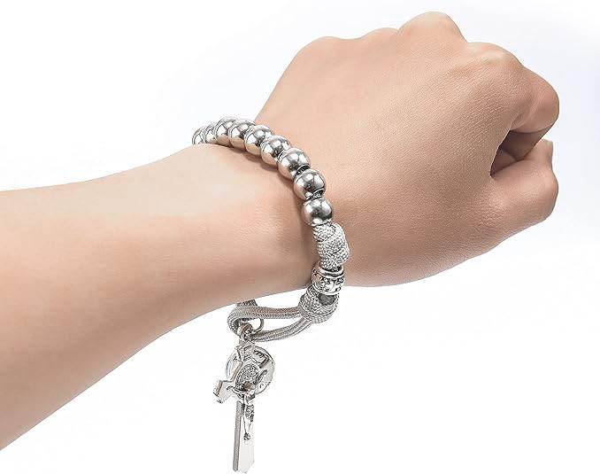 Strong Military One Decade Grey Paracord Rosary Silver Beads Pocket Car Rosary St. Joseph Medal & St. Benedict Cross - Nazareth Store