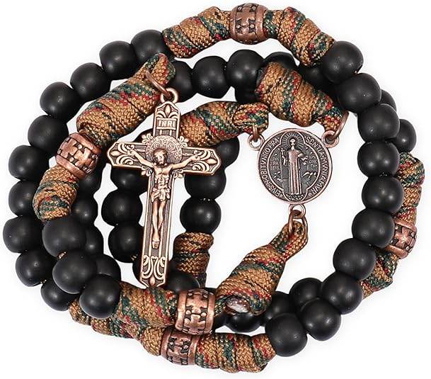 Black Matte Beads Rugged Paracord Rosary St. Benedict INRI Cross Strong Corded Necklace - Nazareth Store