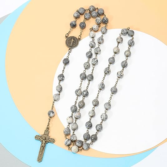 Blue Lapis Lazuli Natural Stone Rosary Beads Necklace Holy Soil & Cross Crucifix (Copy) Nazareth Store