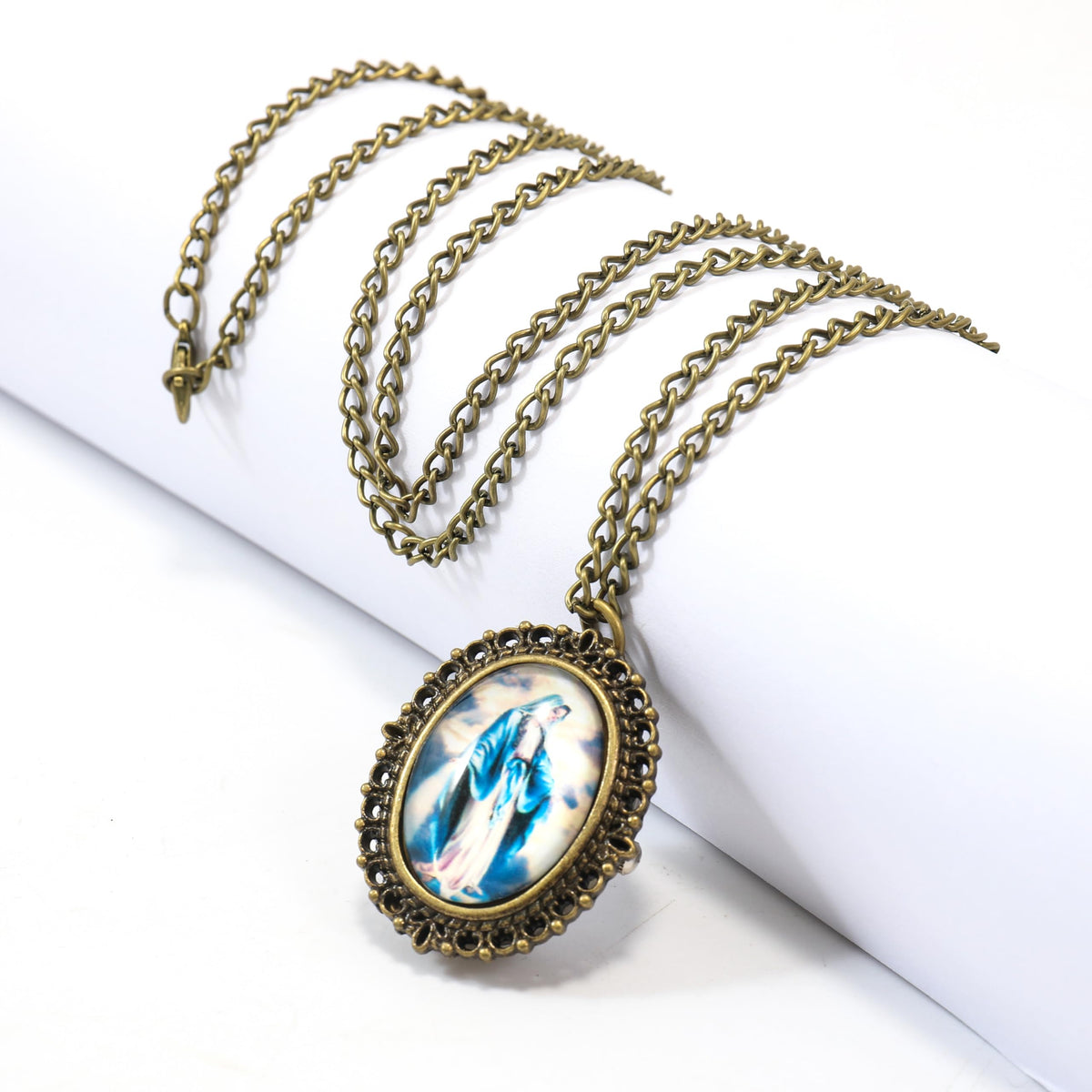 Antique Bronze Pocket Watch Pendant with Miraculous Madonna Christian Chain Necklace - Nazareth Store