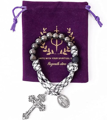 One Decade Rosary Beads Black & White Paracord Pocket Chaplet with Silver Beads & Miraculous Medal