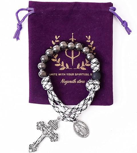 One Decade Rosary Beads Black & White Paracord Pocket Chaplet with Silver Beads & Miraculous Medal