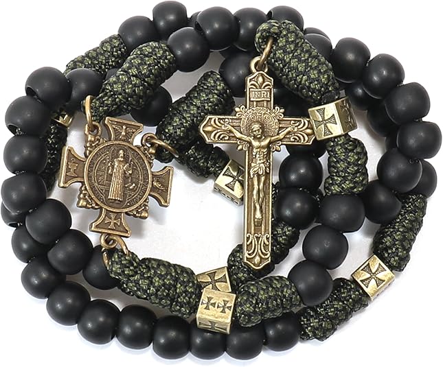 Antique Bronze Black Matte Prayer Beads Durable Paracord Rosary Necklace with and St. Benedict Medal and St. Benedict Cross Nazareth Store