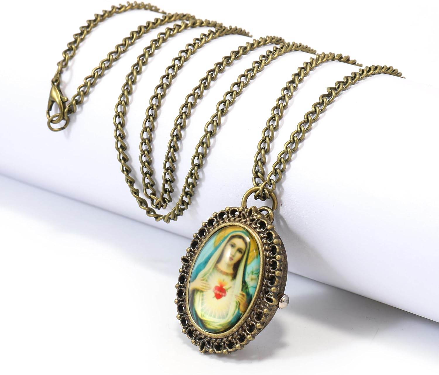 Christian Madonna and Jesus Icon Quartz Antique Bronze Pocket Watch Pendant - Nazareth Store