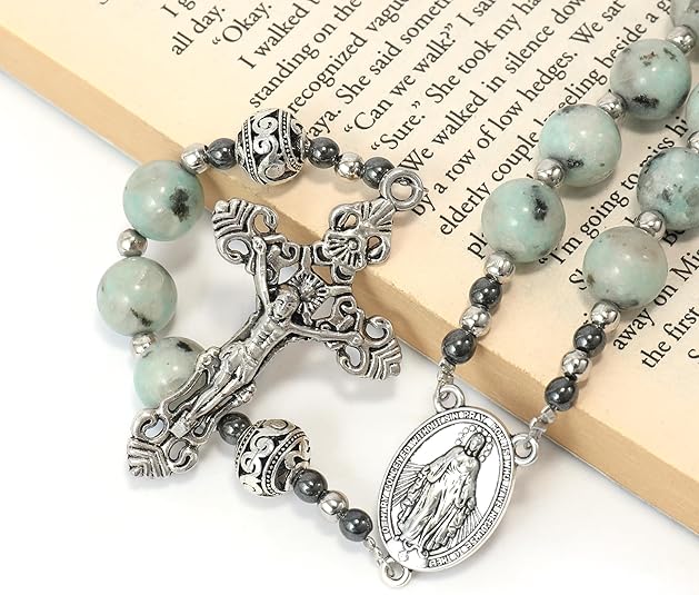 Blue Dalmatian Jasper Natural Stone Rosary Beads Necklace Holy Soil & Cross Crucifix Nazareth Store